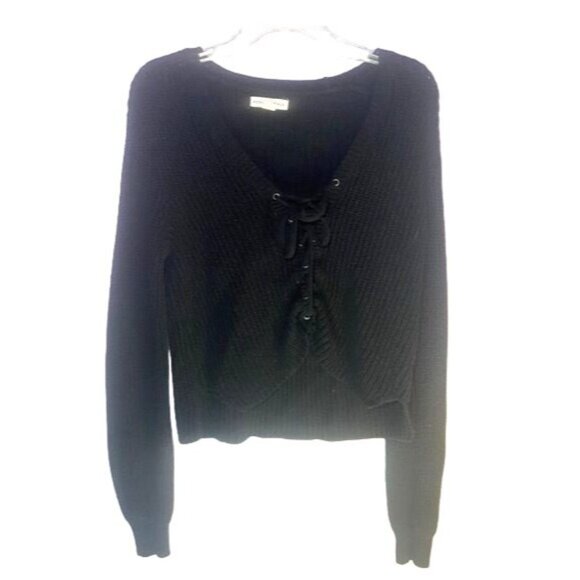 Aeropostale Black Lace-Up Cropped Long Sleeve Knit Sweater Size S - Picture 2 of 8